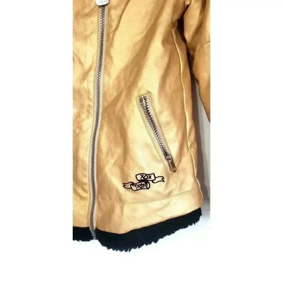 Betsey Johnson Gold Moto Jacket Girls size XL 14 faux leather with fleece lining - Picture 2 of 7